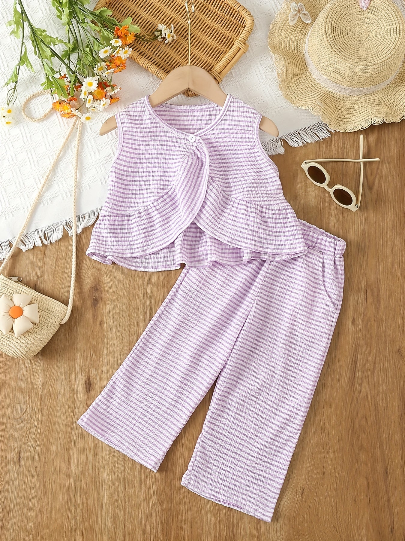 Girls Plaid Sleeveless Top & Pants Set for Summer Party