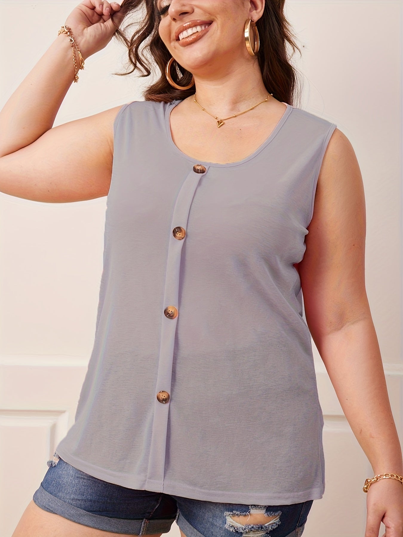 Solid Button Round Neck Tank Top