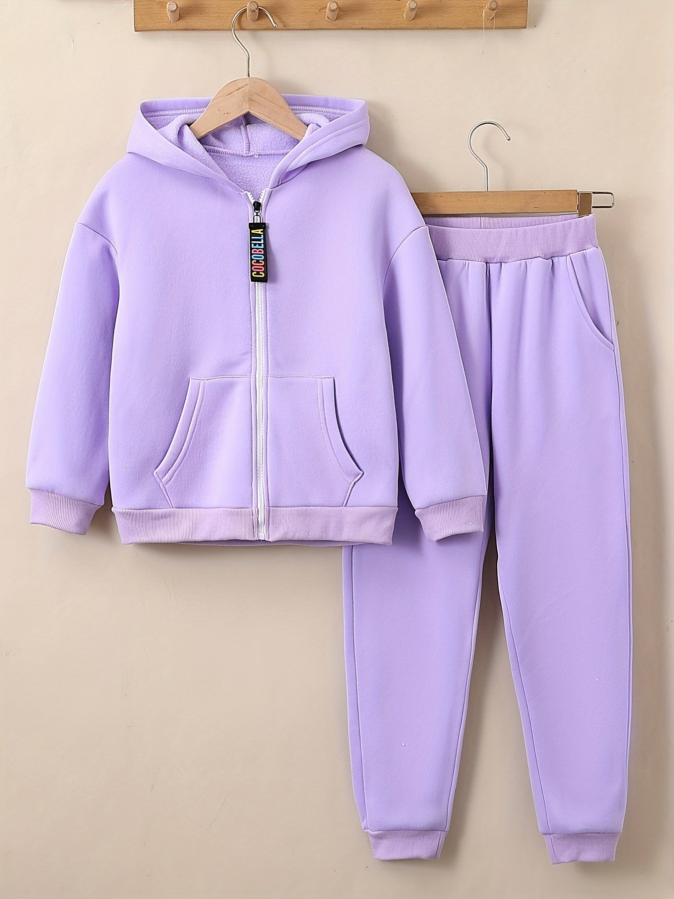 Girls 2pcs Fleece Hooded Sweatshirt Cardigan Sweatpants Set