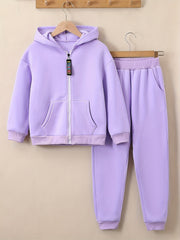Girls 2pcs Fleece Hooded Sweatshirt Cardigan Sweatpants Set