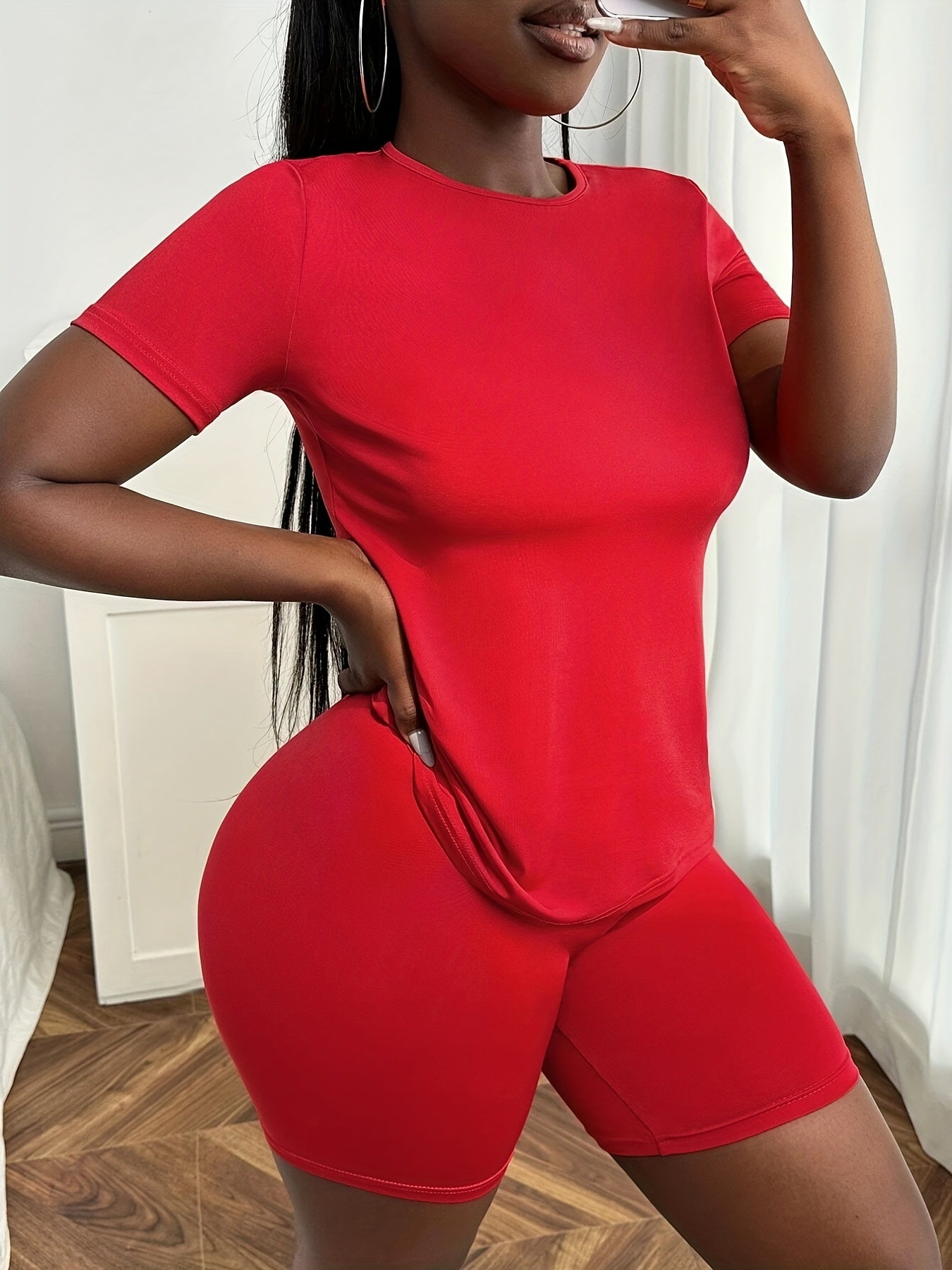 Solid Lounge Set Short Sleeve Top & Shorts Women's Loungewear
