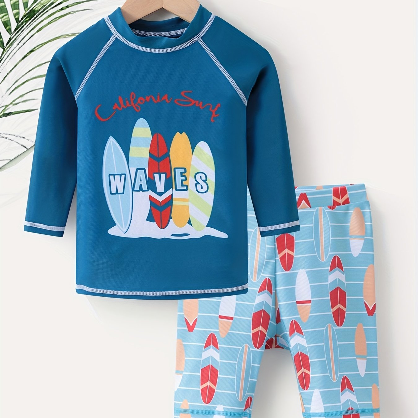 Boys Surfboard Print Swimming Suit Trunks & Tops For Beach Vacation
