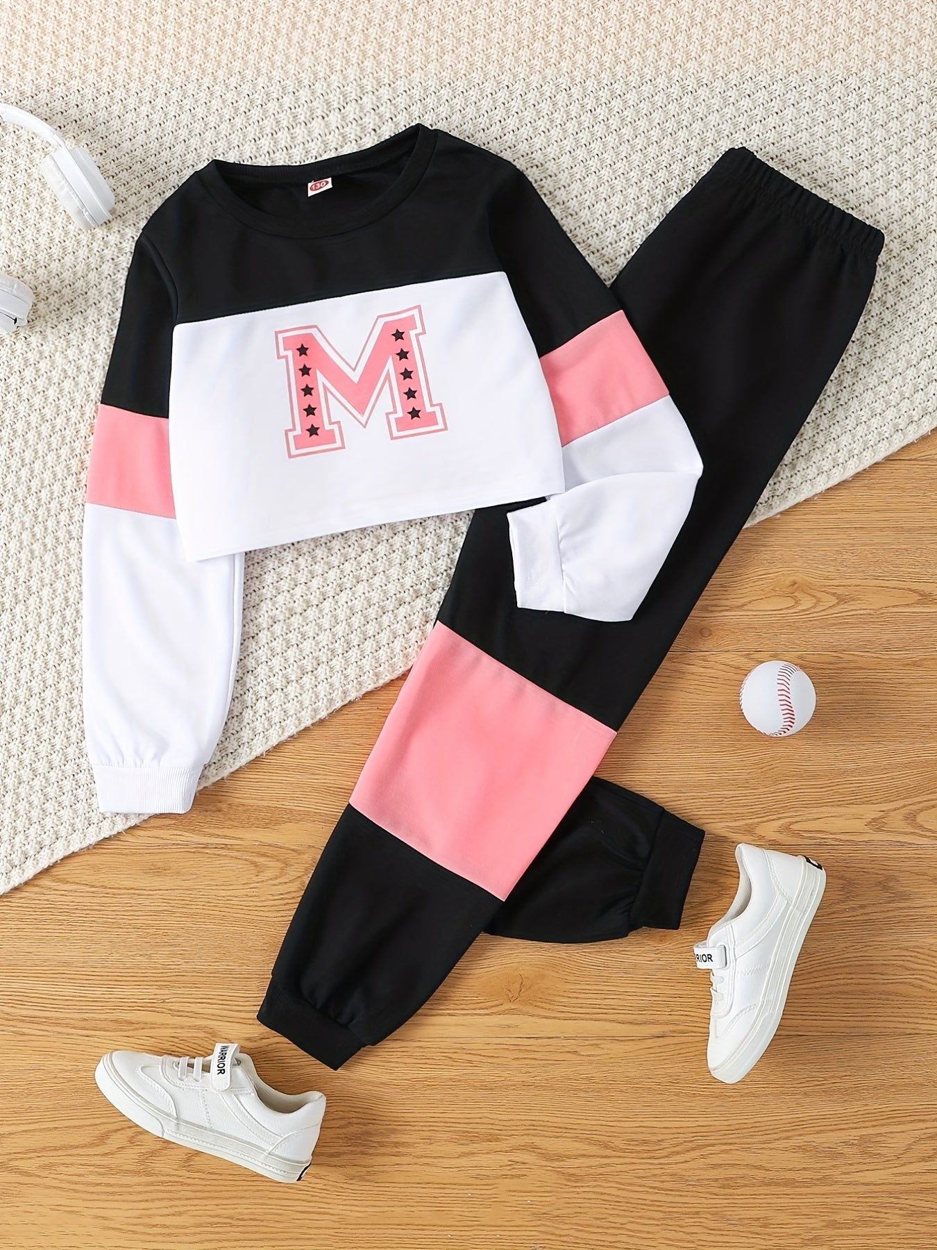 Girl's Letter M Pattern 2pcs Sweatshirt & Sweatpants Set