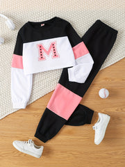 Girl's Letter M Pattern 2pcs Sweatshirt & Sweatpants Set