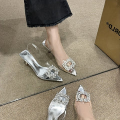 Rhinestone Decor Pointed Toe Comfy Heels Ankle Strap Shoes