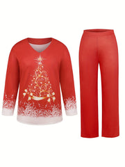 Christmas Tree Print Top & Pants 2 Piece Set