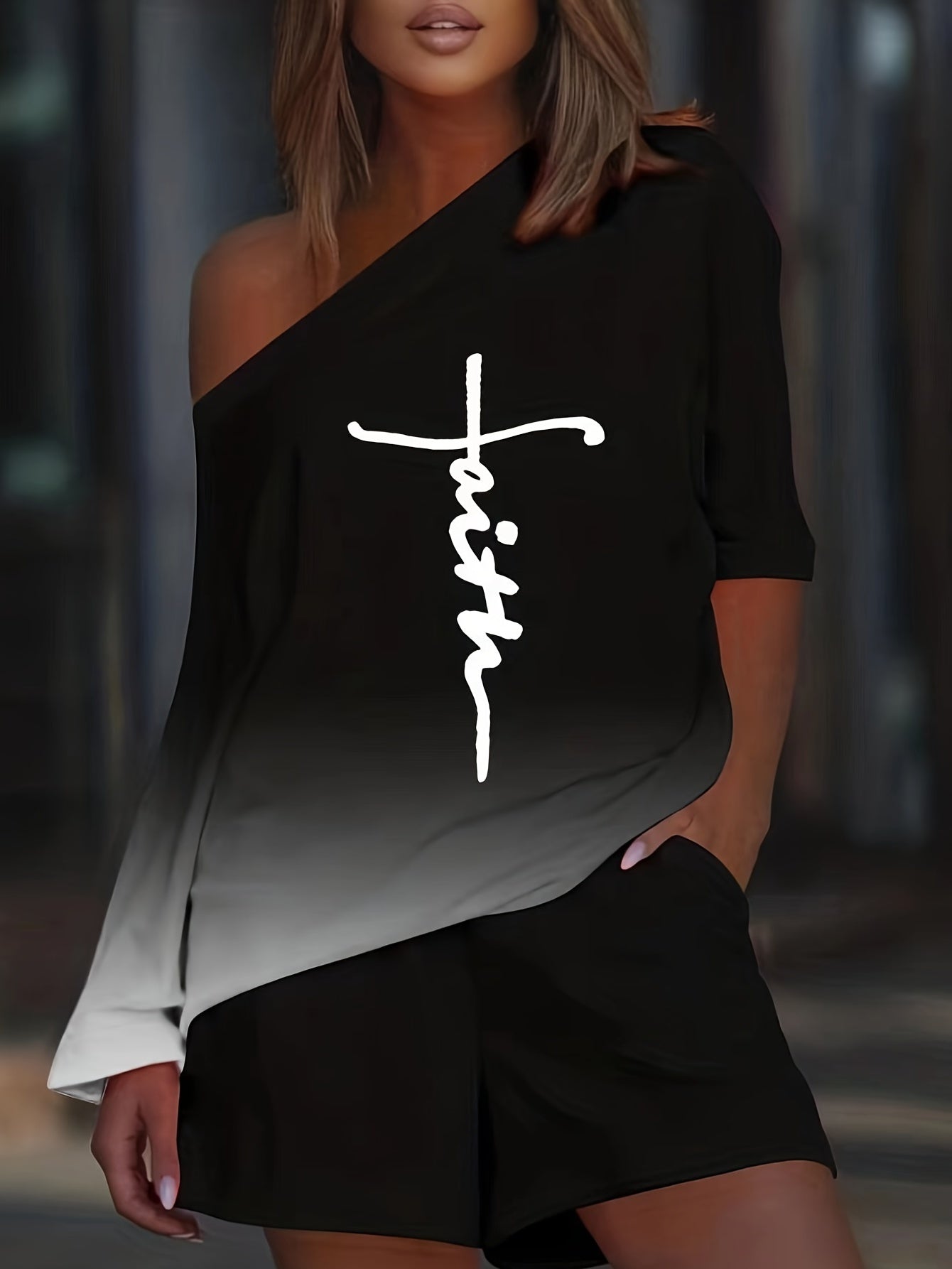 Casual Two Piece Set Asymmetrical Letter Print Tops & Solid Summer Shorts