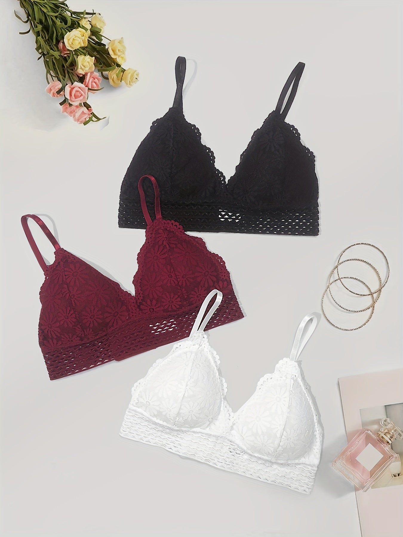 3pcs Floral Lace Wireless Bras Comfy & Breathable Bra Women's Lingerie