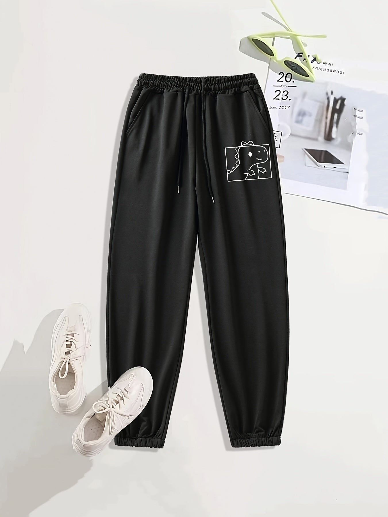 Dinosaur Print Jogging Pants with Side Pockets