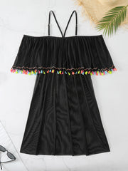 Colorful Tassel Trim Cold Shoulder Cover Up Dress