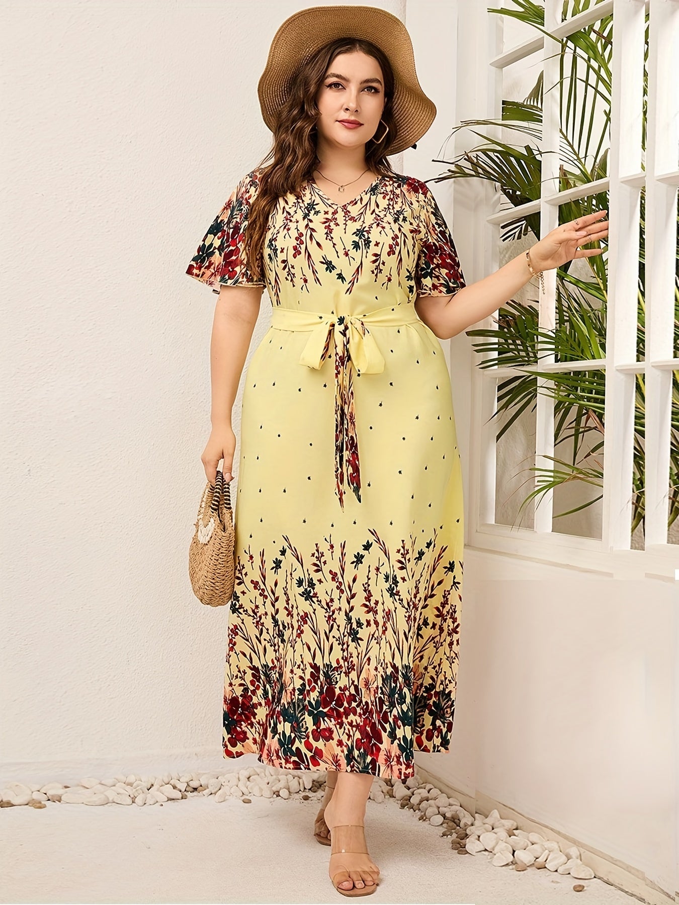Floral Print V Neck Maxi Dress With Belt