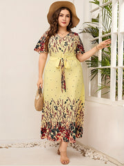Floral Print V Neck Maxi Dress With Belt