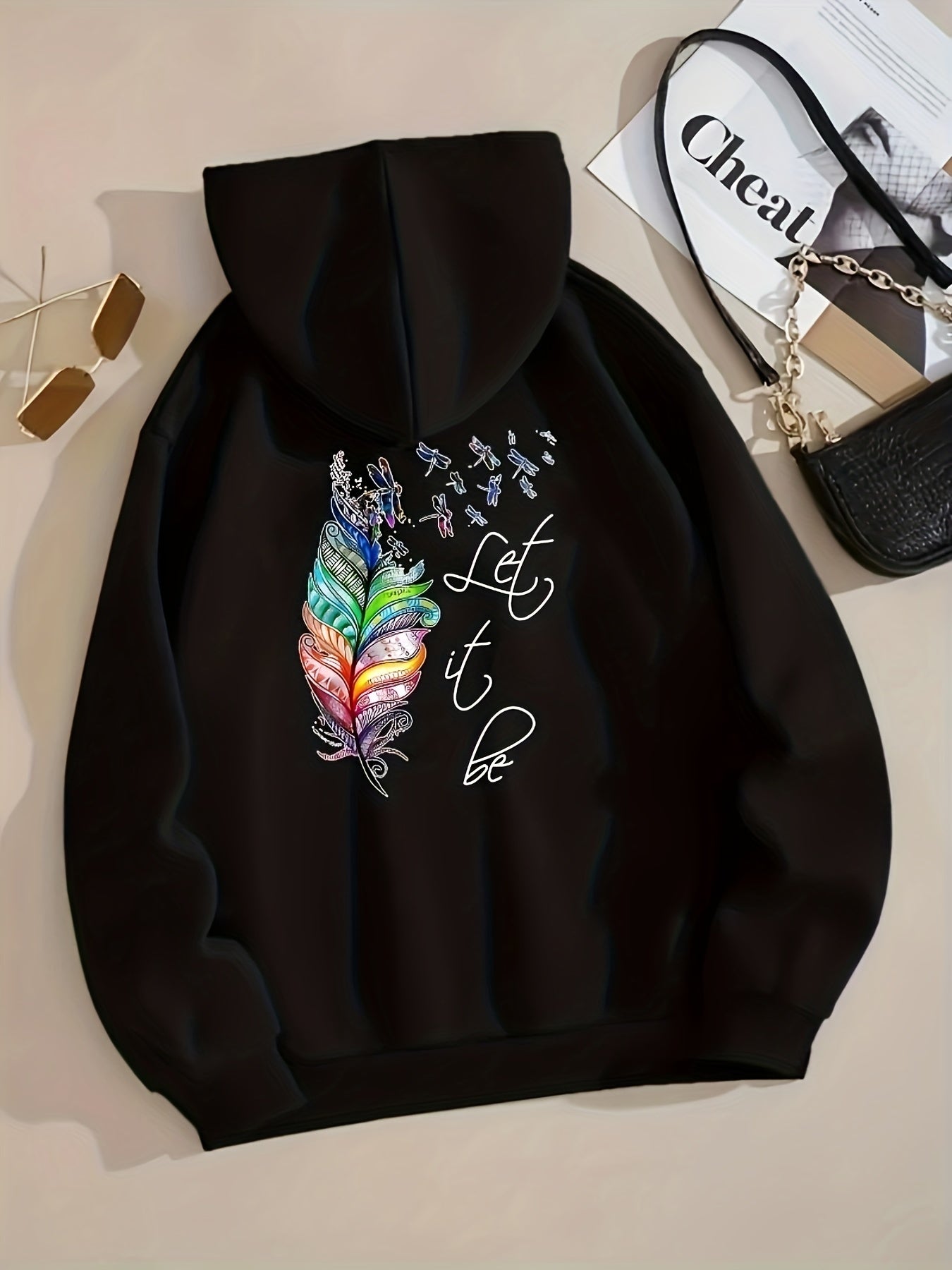 Feather Print Zip Up Hoodie Casual Hooded Sweatshirt