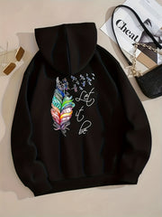 Feather Print Zip Up Hoodie Casual Hooded Sweatshirt