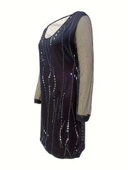 Dot Print Mesh Sleeve V-Neck Stretch Dress