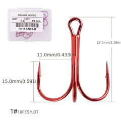 10pcs High Carbon Steel Treble Hooks Red Three claw Hooks Barbed Fishing Hooks