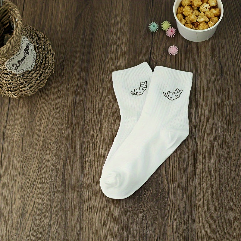 3 Pairs Cartoon Cat Print Socks Comfy & Mid Tube Socks Women's Stockings