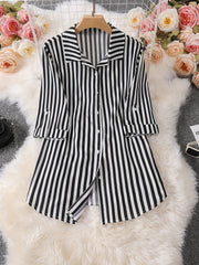 Blouse Women's Plus Stripe Print Button Up Roll Up Long Sleeve