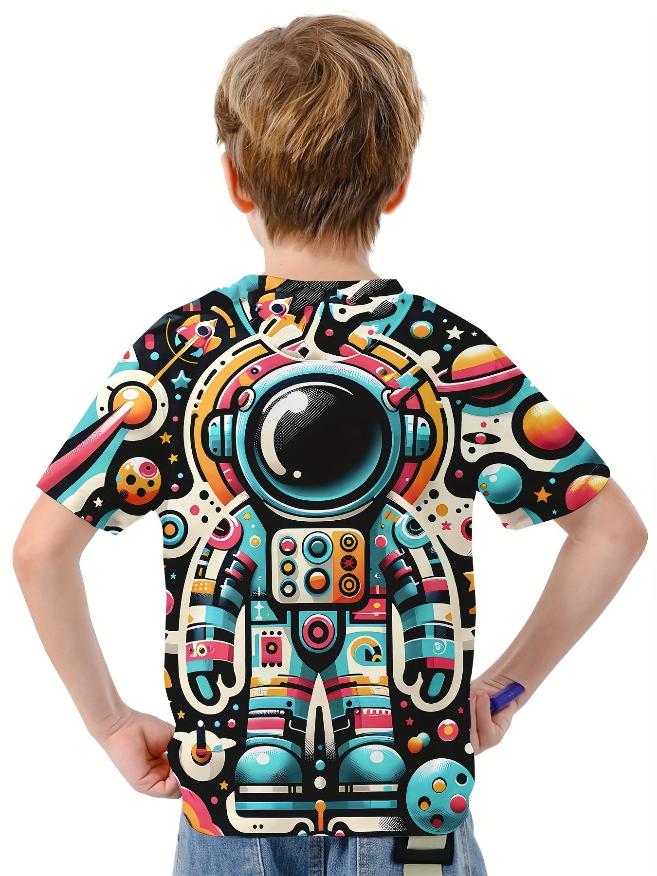 Cartoon Astronaut Print Boy's Tee Short Sleeve Crew Neck Comfy T shirt