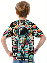 Cartoon Astronaut Print Boy's Tee Short Sleeve Crew Neck Comfy T shirt