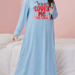 Letter Graphic Sleep Dress Long Sleeve Loose Fit Nightdress