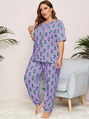 Cactus Print Pajama Set Short Sleeve Top & Pants Two Piece Set