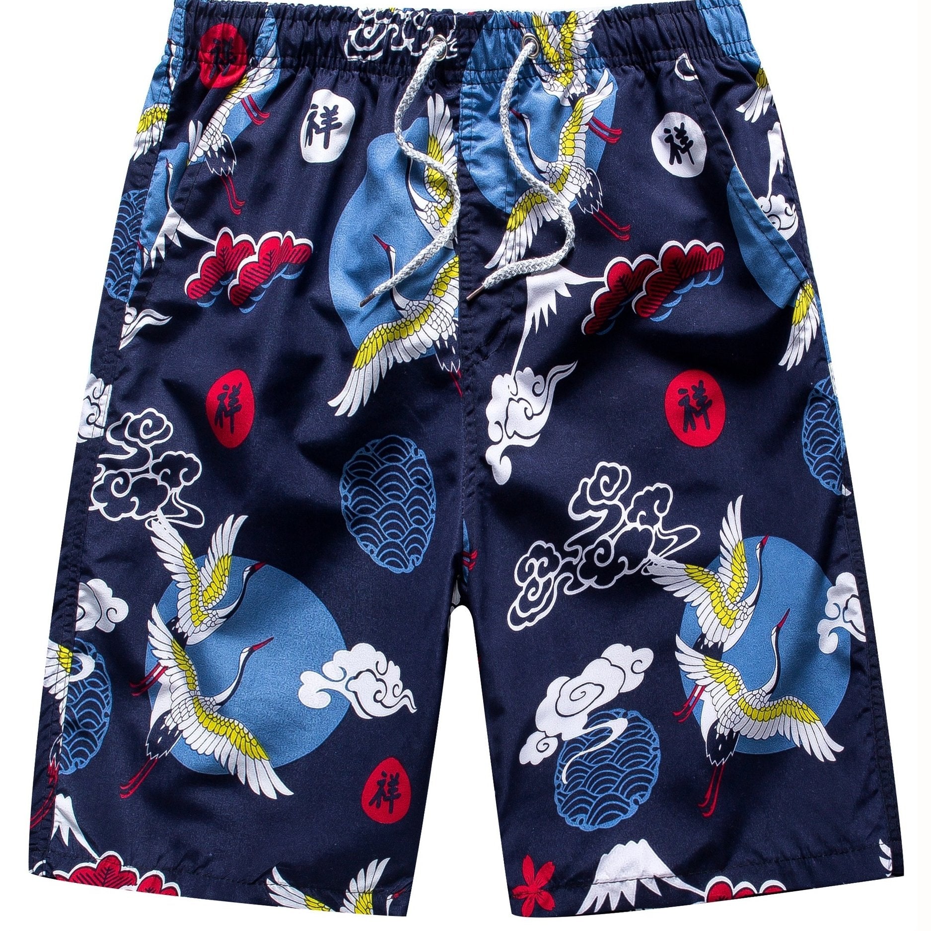 Cloud & Crane Pattern Quick Dry Beach Shorts Men's Waist Drawstring Shorts