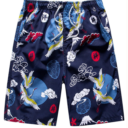 Cloud & Crane Pattern Quick Dry Beach Shorts Men's Waist Drawstring Shorts