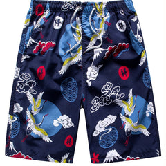 Cloud & Crane Pattern Quick Dry Beach Shorts Men's Waist Drawstring Shorts