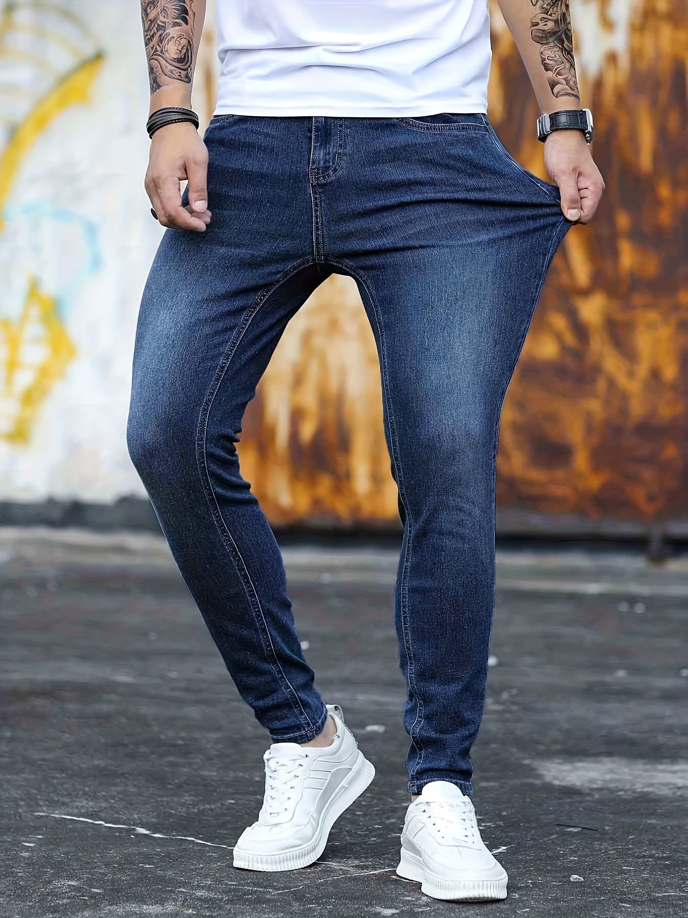Men's Slim Fit Jeans Street Style Stretch Distressed Denim Pants