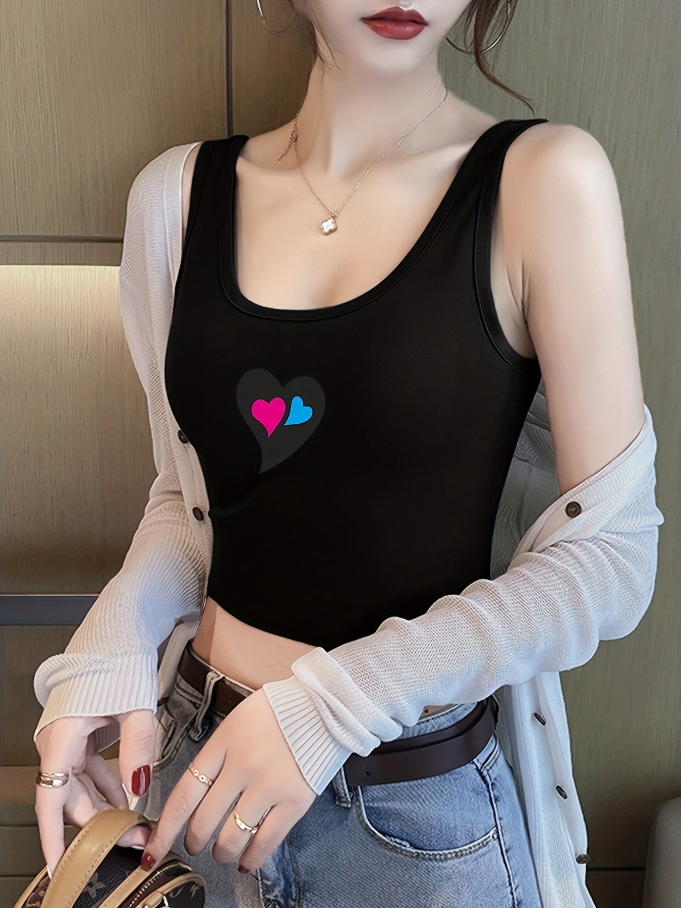Heart Print Crop Tank Top Casual Sleeveless Tank Top
