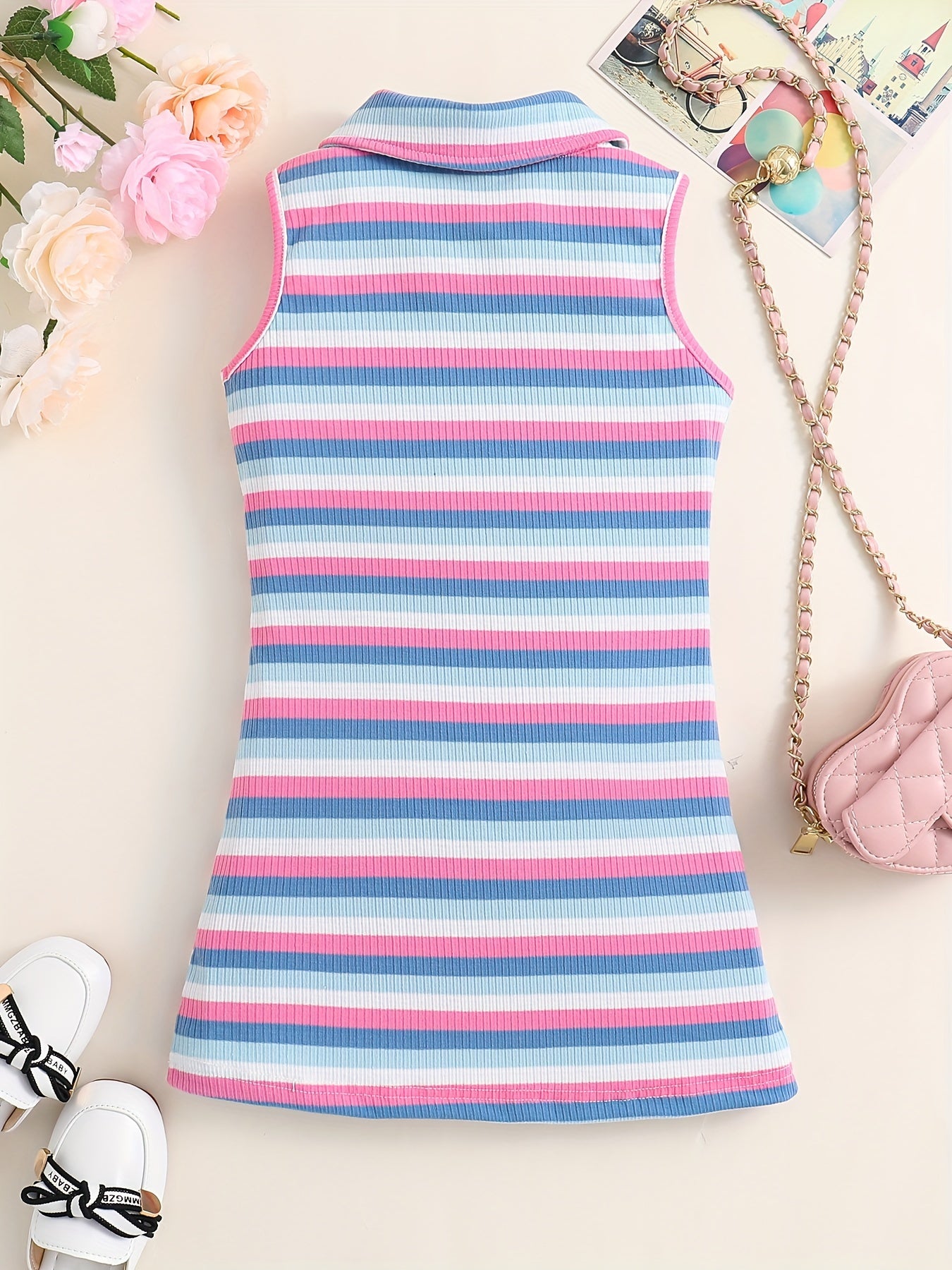 Rainbow Striped Ribbed Knit Polo Neck Dress for Toddler Girls