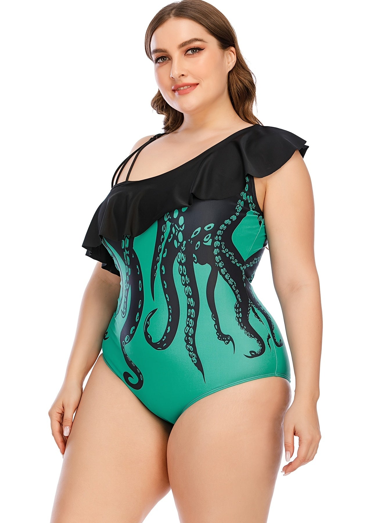 Cartoon Print Ruffle Trim Swimwear One Piece
