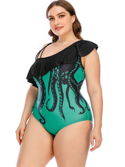 Cartoon Print Ruffle Trim Swimwear One Piece