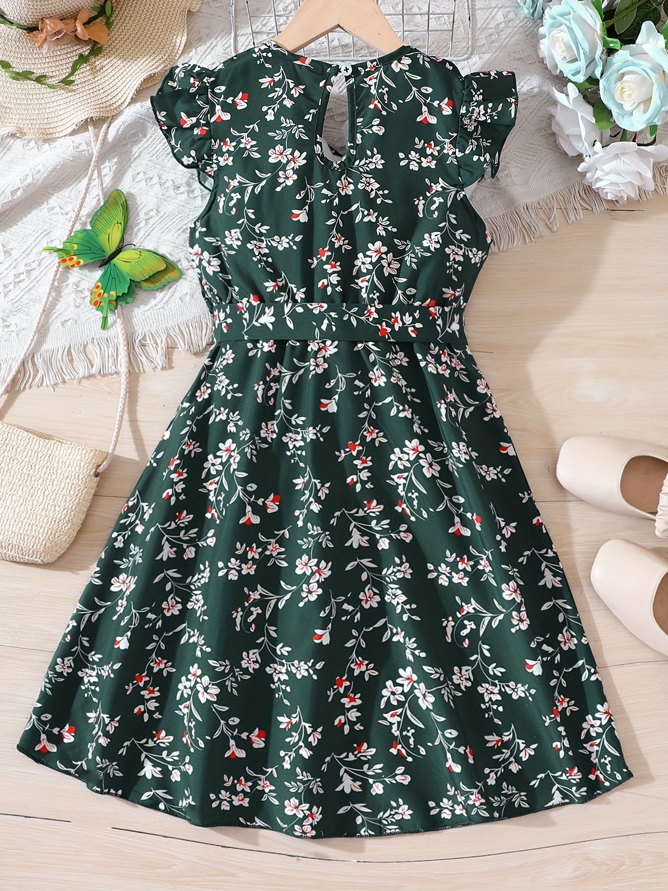 Girls Flower Print Dress with Waist Band - Summer Clothes
