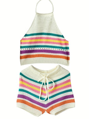 Striped Knitted Two Piece Set Halter Top & Shorts Outfit
