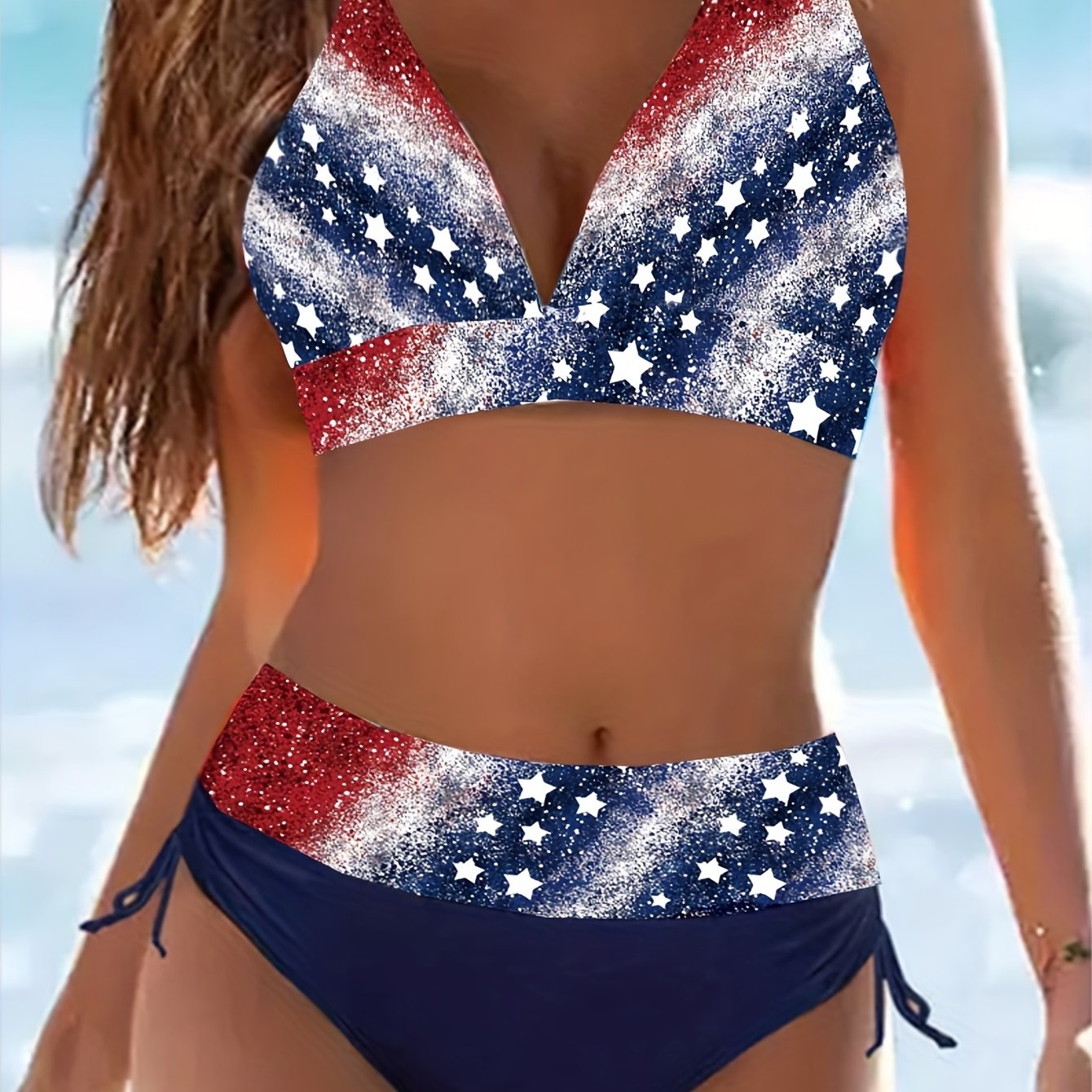 American Flag Print Bikini Set Glitter 2 Piece Swimwear