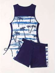 Tropical Print Tankini Set Criss Cross Front Drawstring Top & Shorts