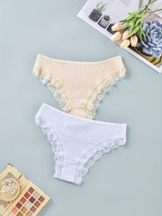 2 Pack Plus Size Lace Trim Mid Waist Briefs Set