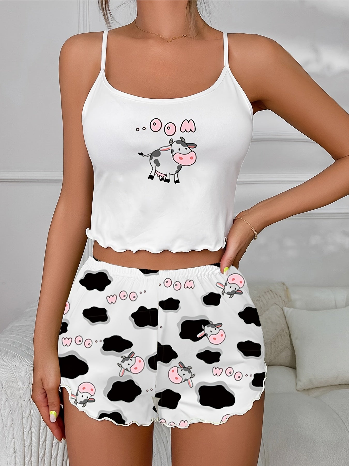 Cow Print Pajama Set Crew Neck Cami & Shorts Women's Sleepwear