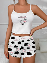 Cow Print Pajama Set Crew Neck Cami & Shorts Women's Sleepwear