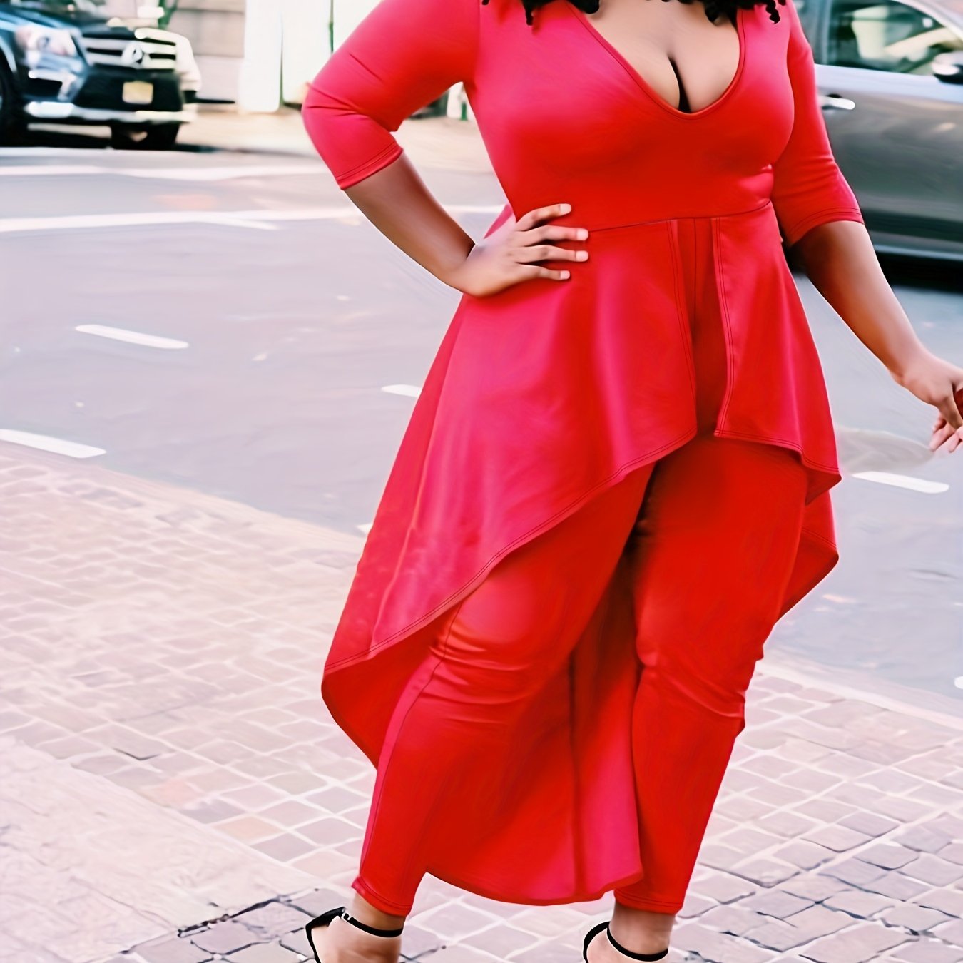 Sexy Jumpsuit Women's Plus Solid Three Quarter Sleeve