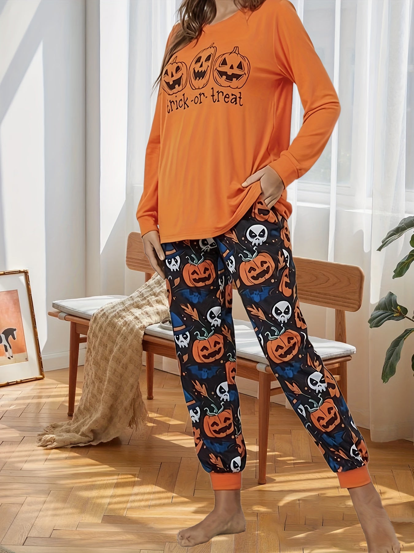 Women's Plus Funny Pumpkin Top & Jogger Pants Set