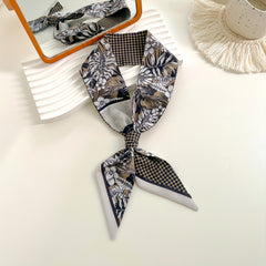 Plaid Flower Skinny Scarf Classic Long Ribbon Neckerchief Satin Twilly Scarf
