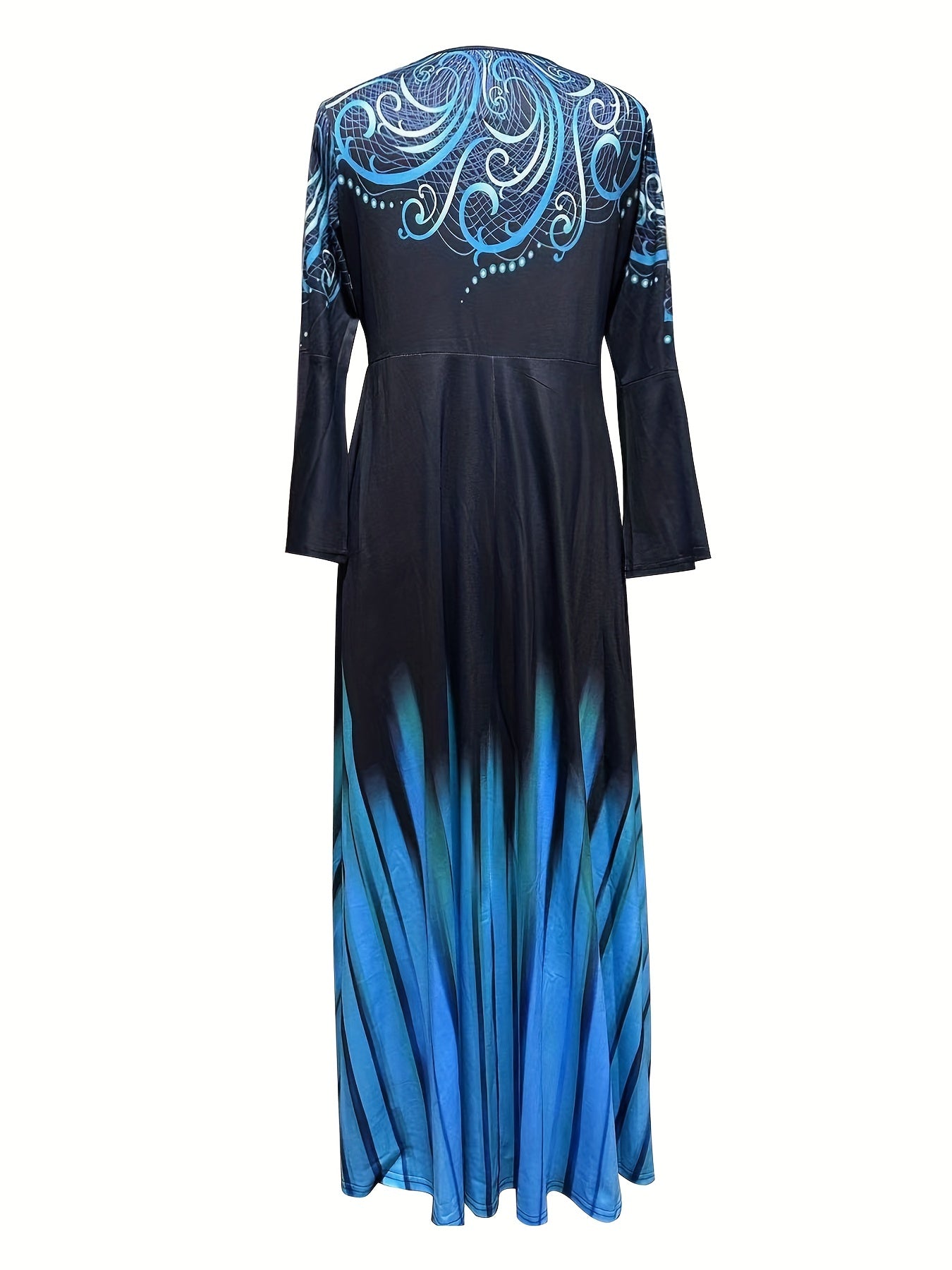 Baroque & Ombre Print Bell Sleeve Maxi Dress