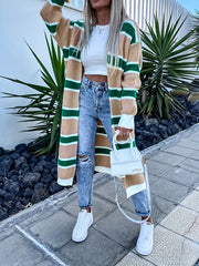 Striped Open Front Sweater Cardigan With Pockets