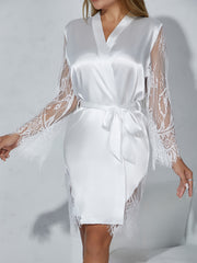 Lace Stitching Satin Night Robe Long Sleeve V Neck Women's Sleepwear