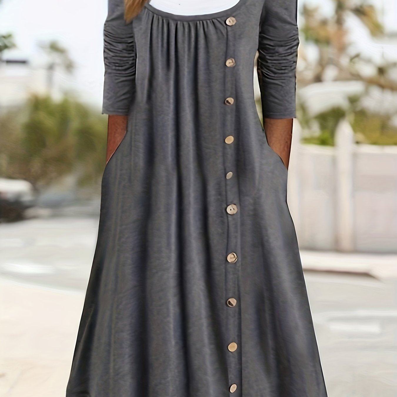 Colorblock Button Decor Long Sleeve Dress