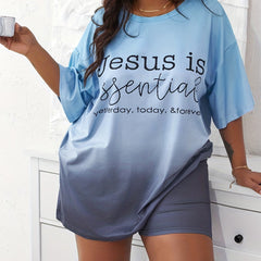 Ombre & Slogan Print Tee & Shorts Pajama Set