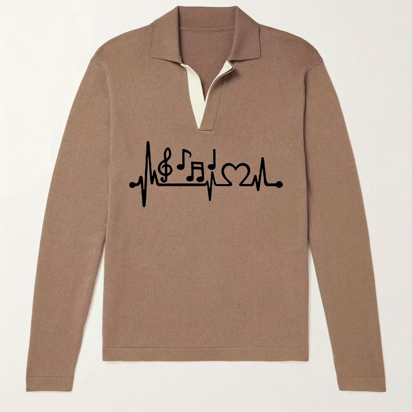 Music Note Pattern Knit Polo Shirt Men's Casual Lapel Pullover Sweater